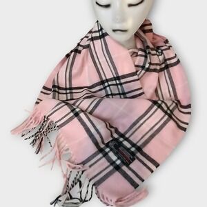 Pink Black Plaid Cashmere Blend Scarf‎ Wrap Italy Design Fringe Plaid Rectangle